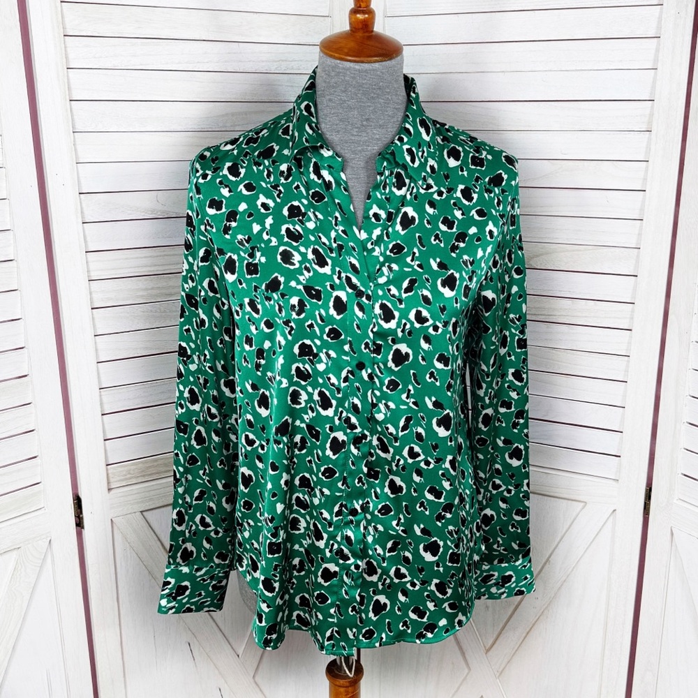 Maison D'Amelie Leopard Animal Print Satin Blouse Emerald Green XS